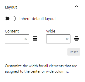 Screenshot depicting the Group block's Layout attribute. The attribute is currently set to not inherit the default layout.