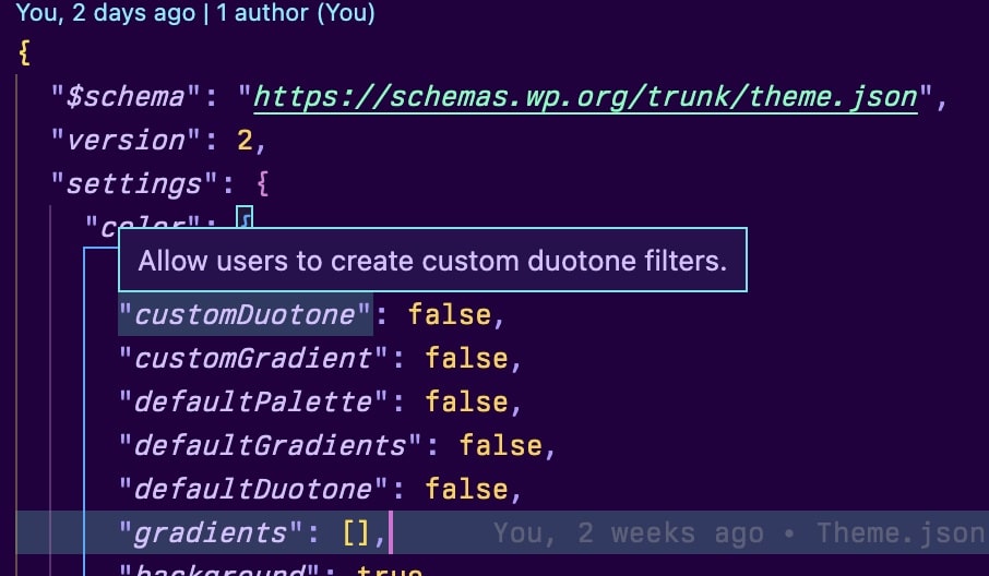 Screenshot of VSCode showing a portion of a JSON file. There is an autocompletion tooltip showing while the customDuotone key is selected/focussed.
