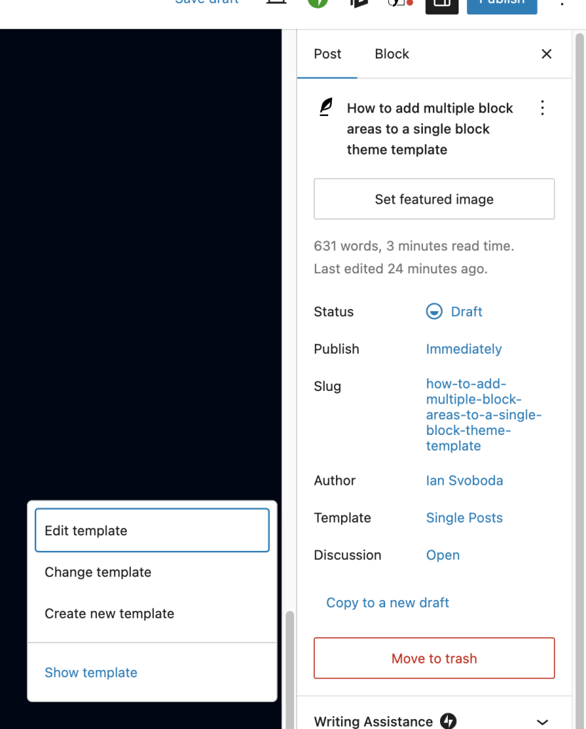Screenshot of the post sidebar Template options menu.