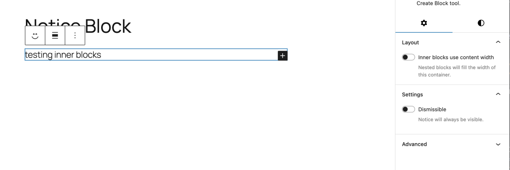 Screenshot of the block editor showing the new inspector control added to the Notice block
