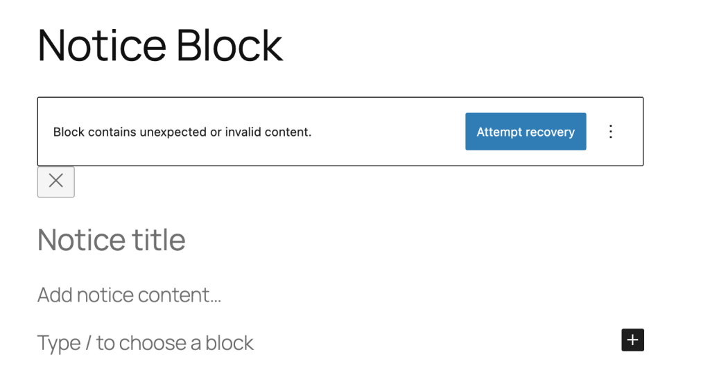 Screenshot of the block editor showing a block validation error