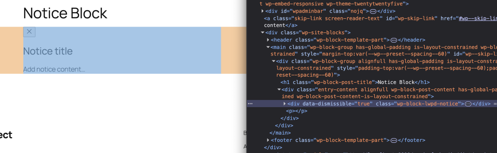 Screenshot of the frontend showing the new data attribute in the block markup.