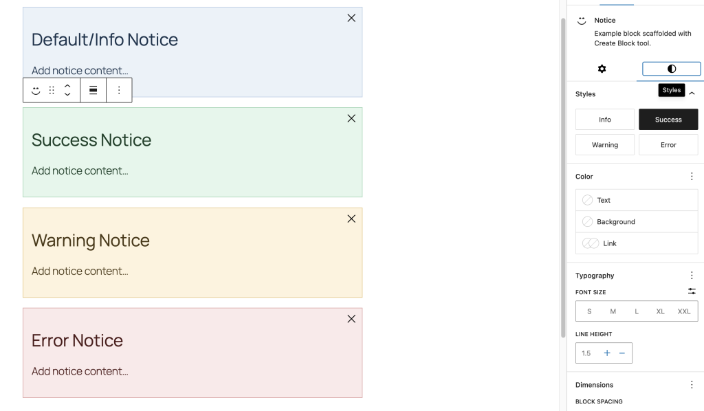 Screenshot showing four instances of the Notice block with each of the new styles applied.